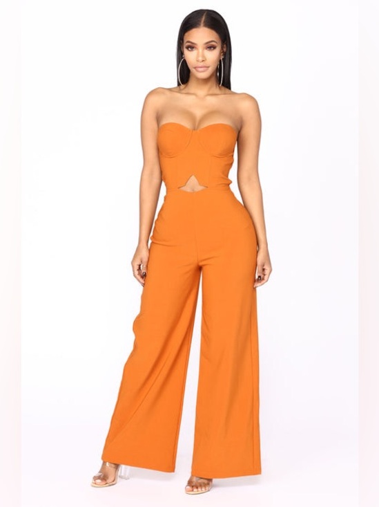 Fashion Nova Pants - Fashion Nova Jumpsuit Womens Size M orange brown Strapless Sweetheart Wide-Leg